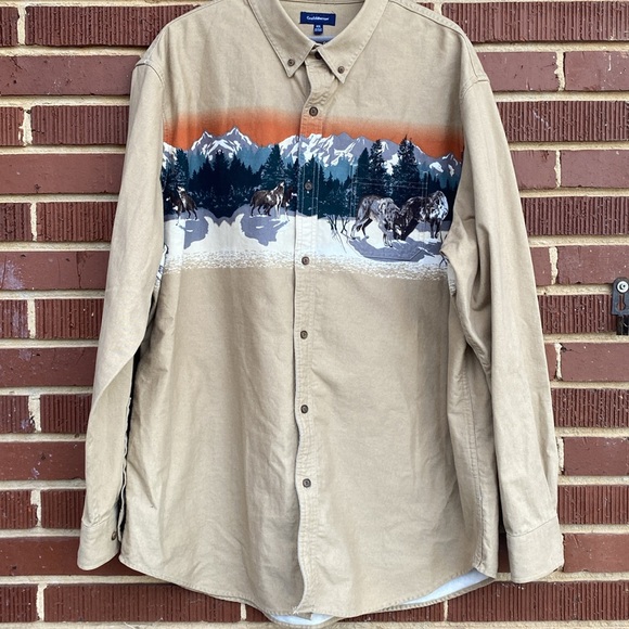 Croft & Barrow Men's Size XXL Long Sleeve Button Up Wolf Shirt Mountains Outdoor - Picture 1 of 11